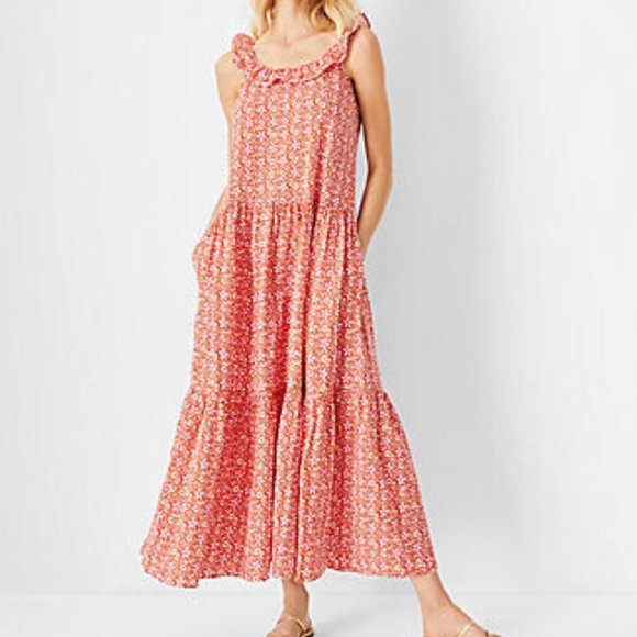 New! Ann Taylor 100% Cotton Ruffle Neck Maxi Dress sz S - Picture 2 of 8